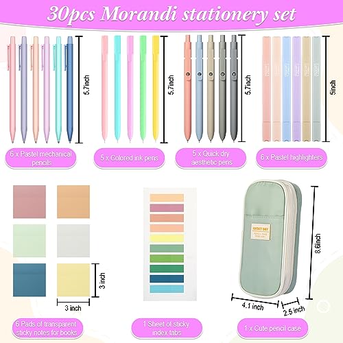 Lincia 30 Pcs Aesthetic School Supplies with Pencil Case 6 Mechanical Pencil 5 Ballpoint Pen 5 Quick Dry Pen 6 Pastel Highlighter Transparent Sticky Index Tab for Student Stationary Essentials(Green) - Image 2