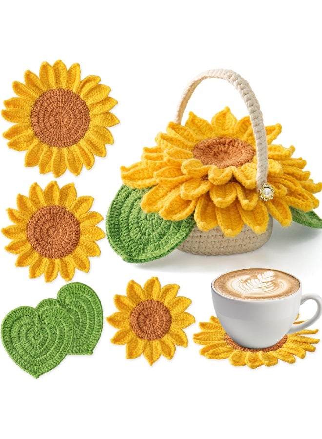 طقم كروشيه للمبتدئين، طقم 5 قطع من حوامل الكروشيه، طقم كروشيه لنبات عباد الشمس في وعاء مع إبرة كروشيه، خيوط ملونة، علامة غرز، تعليمات، أدوات مواد DIY لعشاق الحرف (عباد الشمس) - Image 1