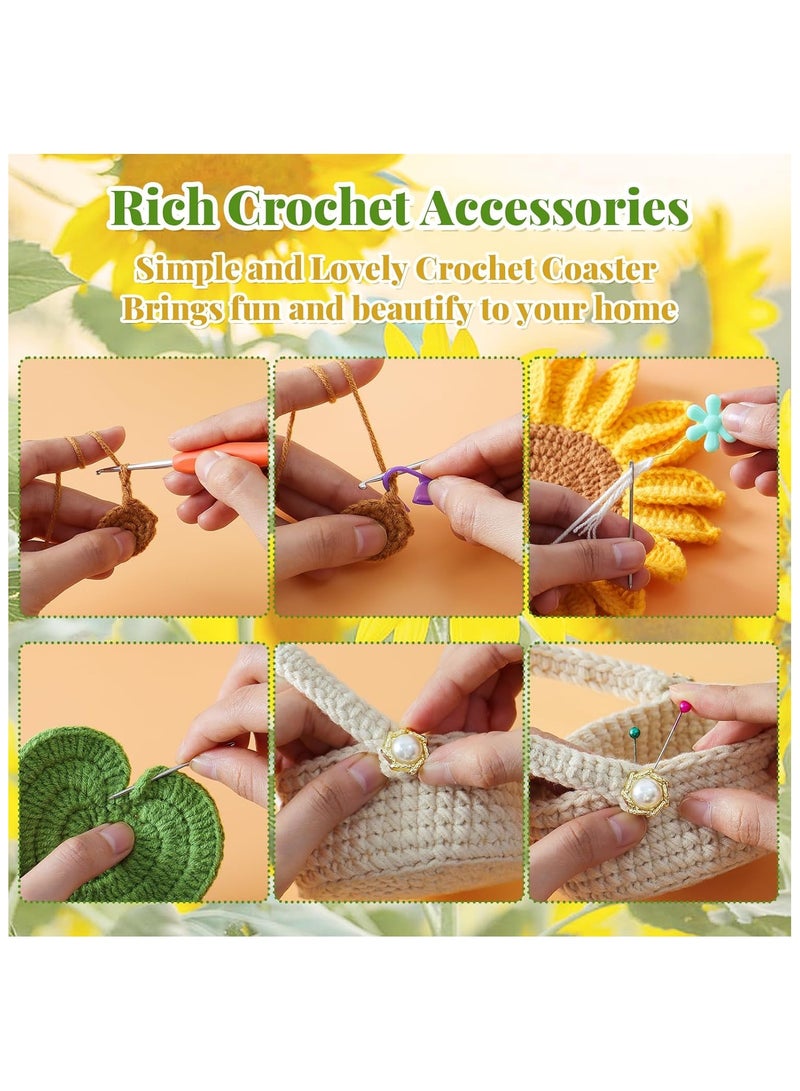 طقم كروشيه للمبتدئين، طقم 5 قطع من حوامل الكروشيه، طقم كروشيه لنبات عباد الشمس في وعاء مع إبرة كروشيه، خيوط ملونة، علامة غرز، تعليمات، أدوات مواد DIY لعشاق الحرف (عباد الشمس) - Image 4