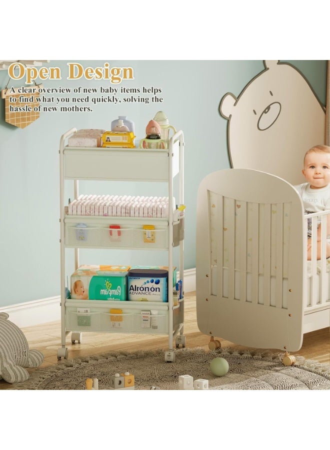 WALALLA 3-Tier Baby Diaper Caddy Cart Organizer with Wheels, Mobile Nursery Storage with 2 Dividers & 14 Mesh Pockets, Durable Metal Utility Cart for Nursery, Bedroom, Bathroom - Image 2