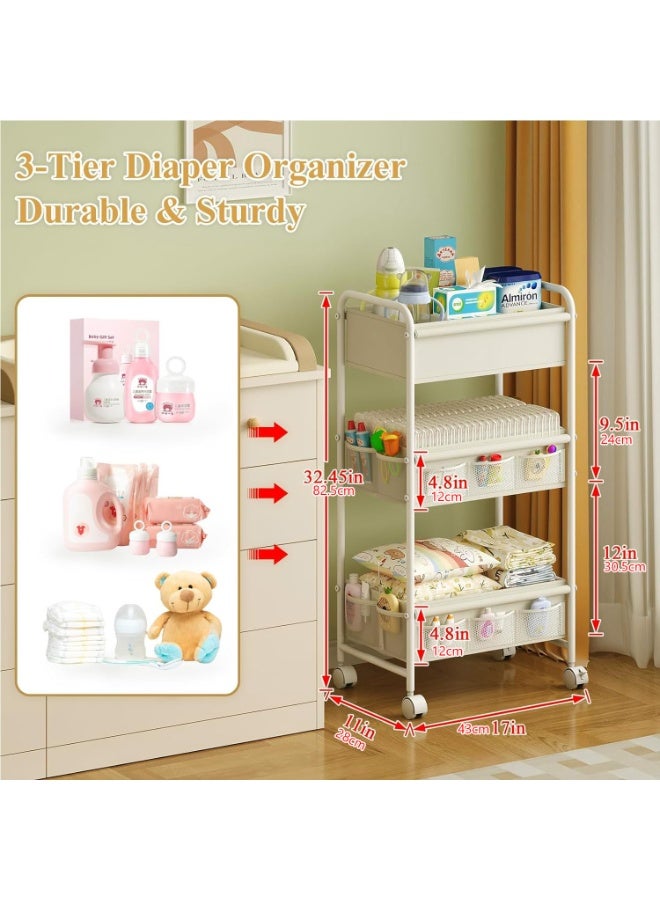 WALALLA 3-Tier Baby Diaper Caddy Cart Organizer with Wheels, Mobile Nursery Storage with 2 Dividers & 14 Mesh Pockets, Durable Metal Utility Cart for Nursery, Bedroom, Bathroom - Image 3