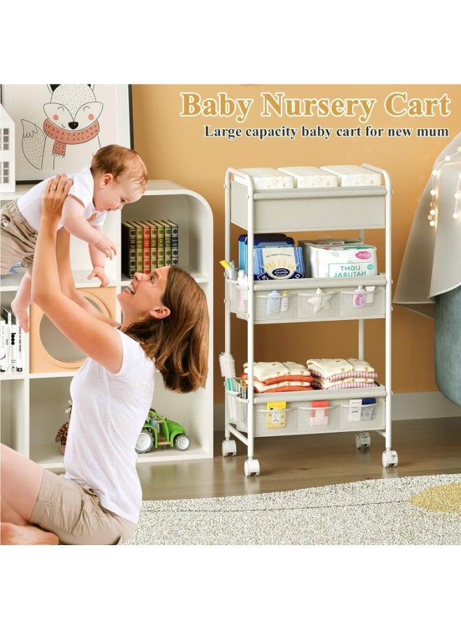 WALALLA 3-Tier Baby Diaper Caddy Cart Organizer with Wheels, Mobile Nursery Storage with 2 Dividers & 14 Mesh Pockets, Durable Metal Utility Cart for Nursery, Bedroom, Bathroom - Image 4