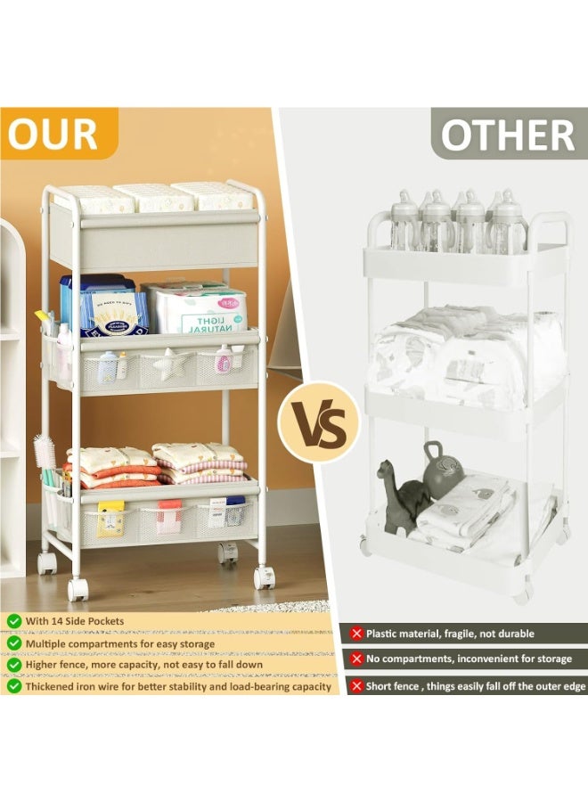 WALALLA 3-Tier Baby Diaper Caddy Cart Organizer with Wheels, Mobile Nursery Storage with 2 Dividers & 14 Mesh Pockets, Durable Metal Utility Cart for Nursery, Bedroom, Bathroom - Image 5