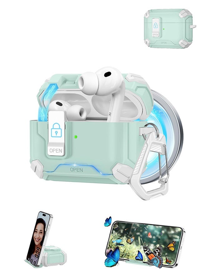 Quantum Airpods Pro 3 Case with Safety Lock & Phone Stand & Keychain Hard Shell Shockproof Cover with MagSafe Compatible for AirPods Pro 3 (Green) - Image 1