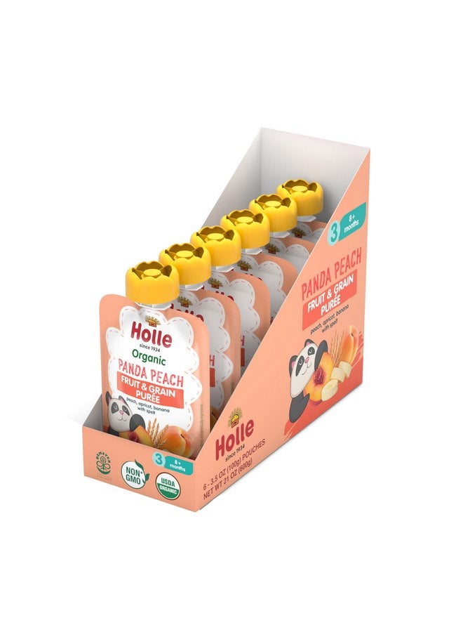 هول أكياس طعام الأطفال العضوية من هولي - هريس الخوخ للأطفال باندا مع الخوخ والموز والمشمش والهجاء - (عبوة من 6 قطع) وجبات خفيفة عضوية للأطفال + أكياس فواكه وخضروات لفطام الأطفال من عمر 6 أشهر وما فوق - Image 3