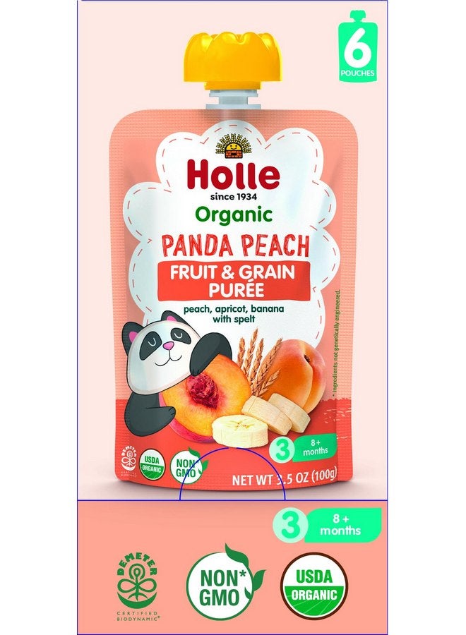 هول أكياس طعام الأطفال العضوية من هولي - هريس الخوخ للأطفال باندا مع الخوخ والموز والمشمش والهجاء - (عبوة من 6 قطع) وجبات خفيفة عضوية للأطفال + أكياس فواكه وخضروات لفطام الأطفال من عمر 6 أشهر وما فوق - Image 1