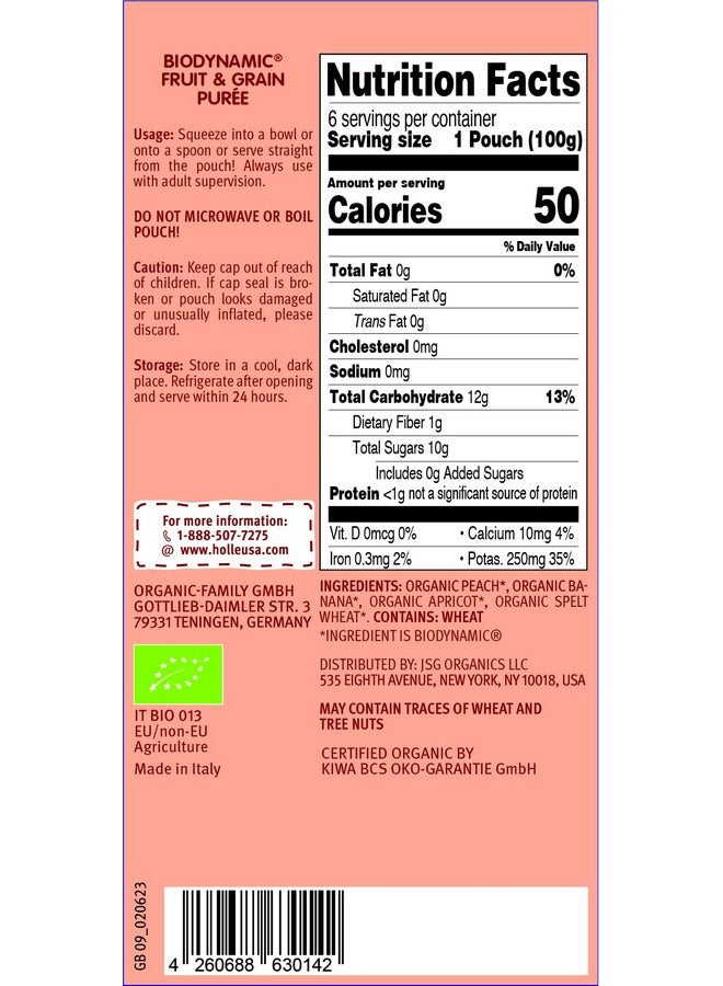 هول أكياس طعام الأطفال العضوية من هولي - هريس الخوخ للأطفال باندا مع الخوخ والموز والمشمش والهجاء - (عبوة من 6 قطع) وجبات خفيفة عضوية للأطفال + أكياس فواكه وخضروات لفطام الأطفال من عمر 6 أشهر وما فوق - Image 4