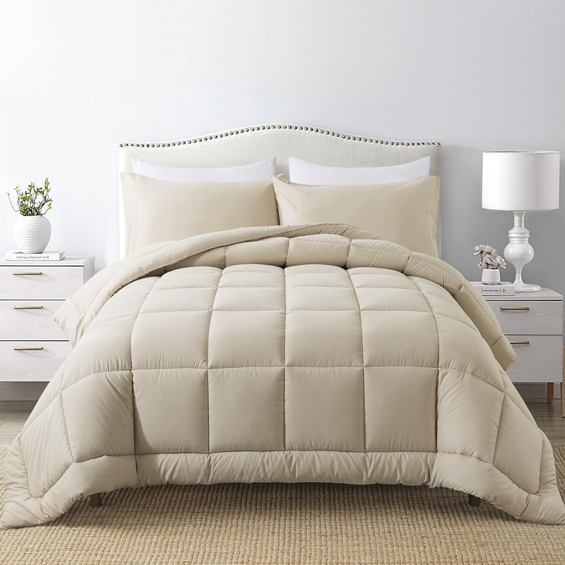 DOWNCOOL Twin Comforter Set All Season Bedding Comforters Sets with 1 Pillow Case 2 Pieces Bed Set Down Alternative Comforter Set Beige Twin Bedding Sets64x88