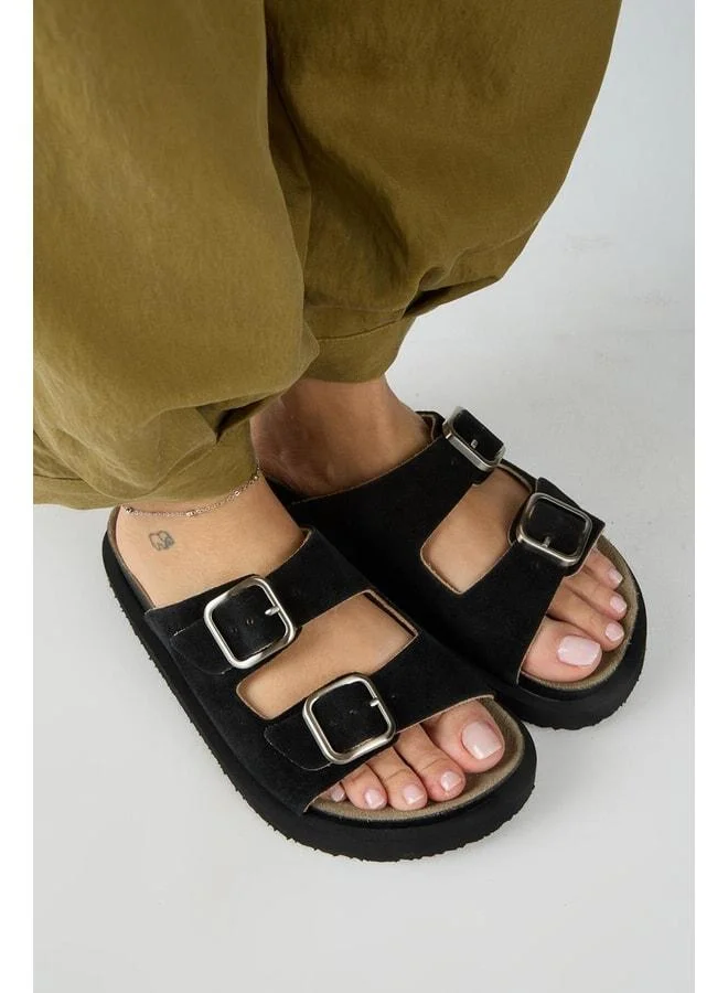 Sevalli Women's Genuine Leather Double Buckle Black Slippers.
