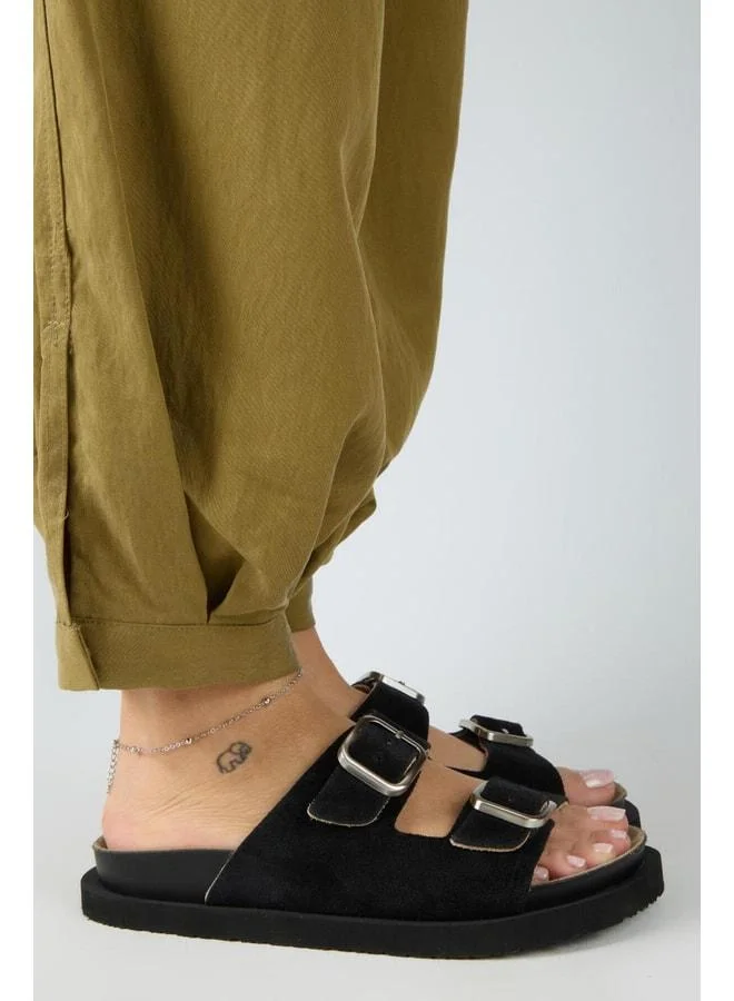 Manijero  Sevalli Women's Genuine Leather Double Buckle Black Slippers. for Women | Best Price UAE