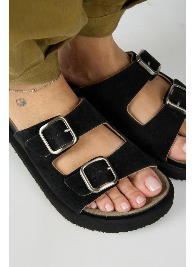 Manijero  Sevalli Women's Genuine Leather Double Buckle Black Slippers. for Women | Best Price UAE