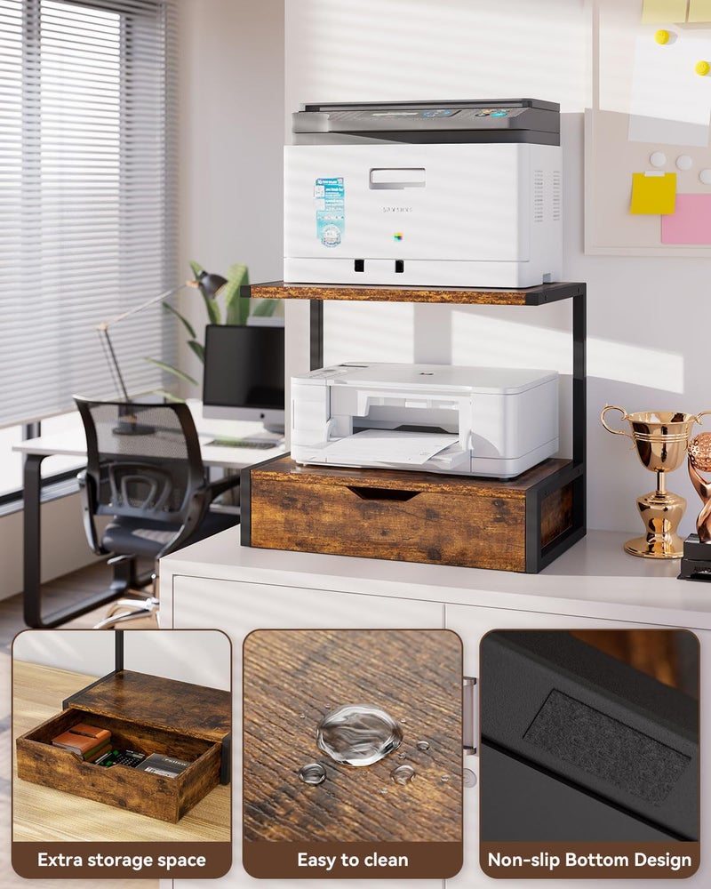 IBUYKE 2 Tier Desktop Printer Stand,Printer Table with Storage Shelf,Multi-Purpose Desk Organizer for Folders,Books,for Fax Machine, Scanner,Home Office,Brown TLJ015H - Image 2