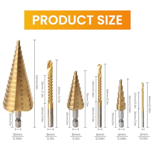 Serplex® 6PCS Step Drill Bits Set, HSS High Speed Steel for Stainless Steel, Metal, Wood, Plastic Drilling 4-32MM/4-20 MM/4-12MM/6MM/8MM/3MM with Case for Woodworking, DIY Lovers - Image 2