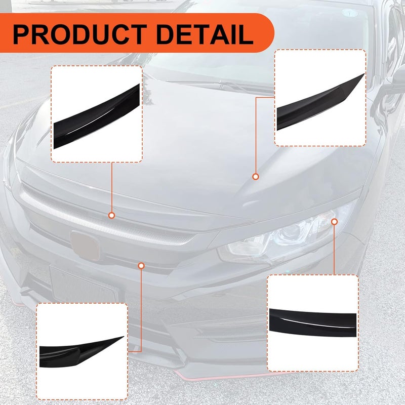 ECOTRIC Front Hood Bumper Upper Trim Nose Cover Compatible with 2016-2021 Honda Civic 10th Gen Si Hatchback Coupe Sedan Glossy Black Front Hood Bonnet Cover Trim Protector - Image 5