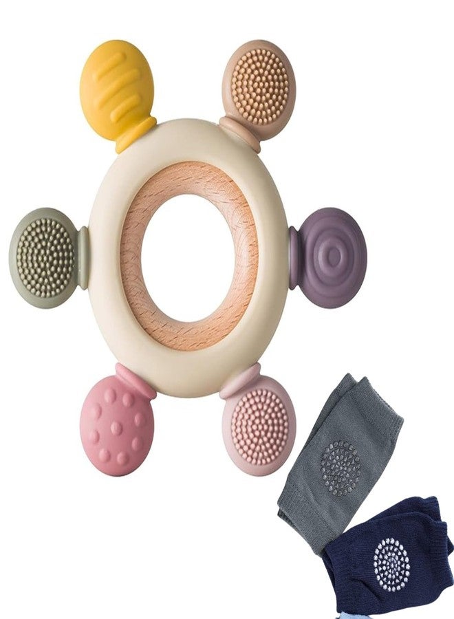 AMIQUS Baby Silicone Teether Ring with Knee Pad (1 Pair) Natural Wooden Teething Toy BPA-Free Soft Silicone Chew Toy with Textured Sensory Ends Safe for Infants 0–12 Months Baby Teether Toy Set Safe! - Image 1