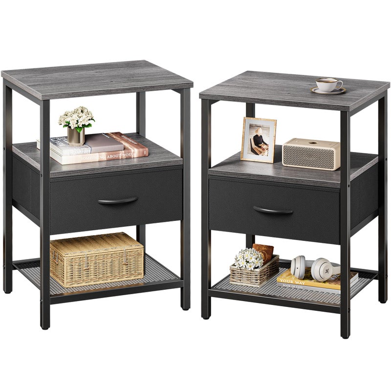 Huuger Nightstand Set of 2, Night Stand with Fabric Drawer, Mesh Shelf, Side Table with Storage, Fabric Drawer Dresser, Open Shelf, Metal Frame, Bedroom, Charcoal Gray - Image 1