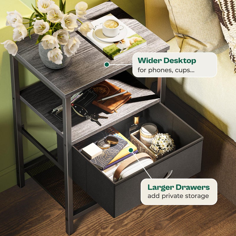 Huuger Nightstand Set of 2, Night Stand with Fabric Drawer, Mesh Shelf, Side Table with Storage, Fabric Drawer Dresser, Open Shelf, Metal Frame, Bedroom, Charcoal Gray - Image 5