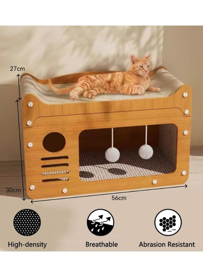 سوفام منزل سرير خشبي مع وسادة خدش، ورق مقوى وسادة خدش، 56x28x30 سم، تصميم مع وسادات جانبية وألعاب معلقة - Image 2