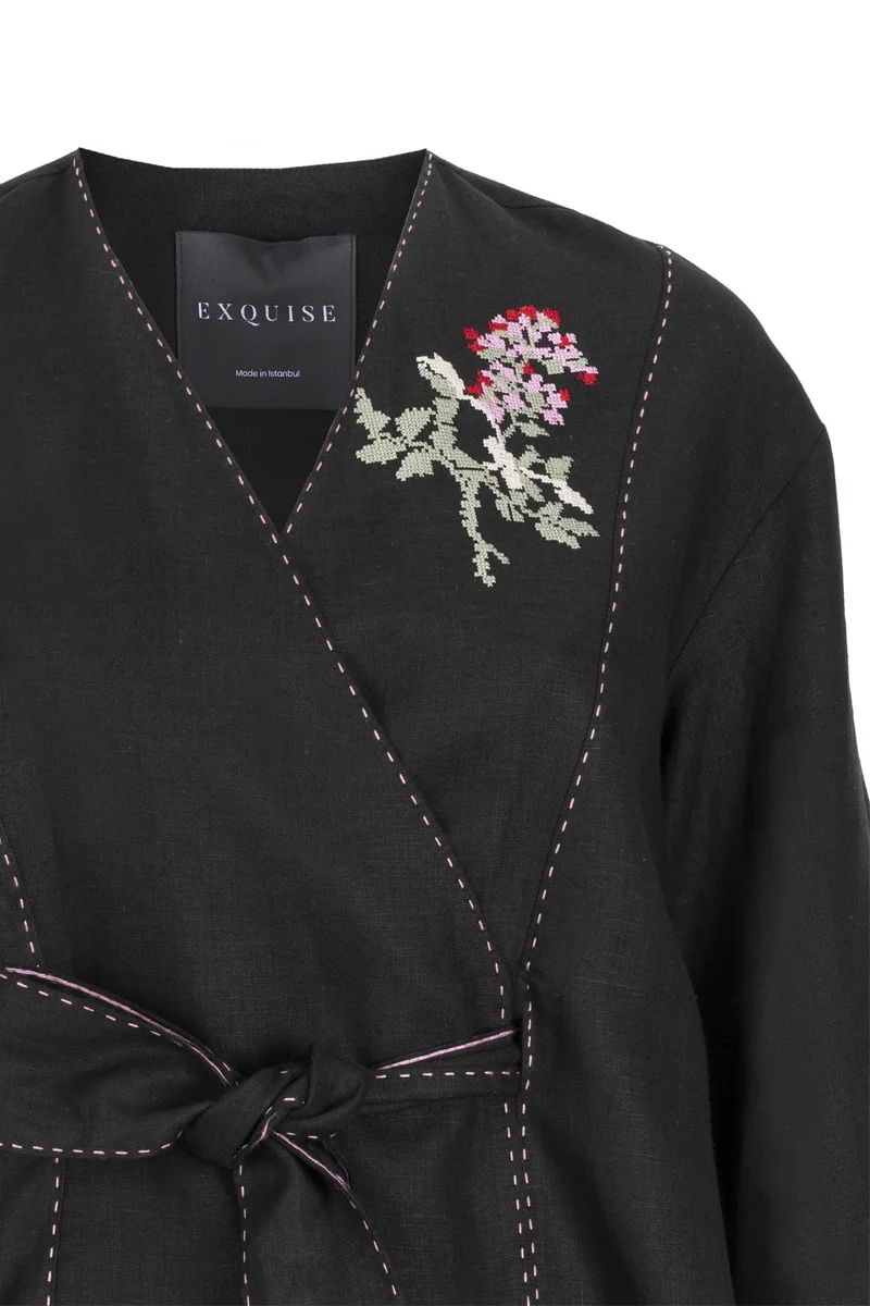 EXQUISE Self-fabric belted embroidered relaxed fit jacket