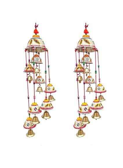 ADITYA IMPEX ADITYA IMPEX Handicraft rajasthane Colored Bells Desing Decorative showpice Wind Chimes for Home Balcony Garden Positive Energy Home Decor Hanging Long Bells 7 BellsSet of 2 Piece White  - Image 1