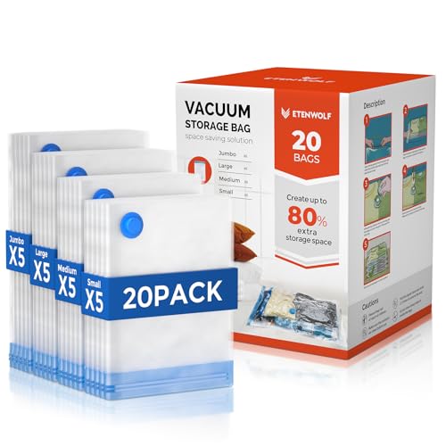 ETENWOLF 20 Pack Vacuum Storage Bags, Vacuum Seal Bags for Clothes and Travel, Space Saver Bags in Multiple Carry-On Sizes, Perfect for Luggage and Suitcases - Image 1