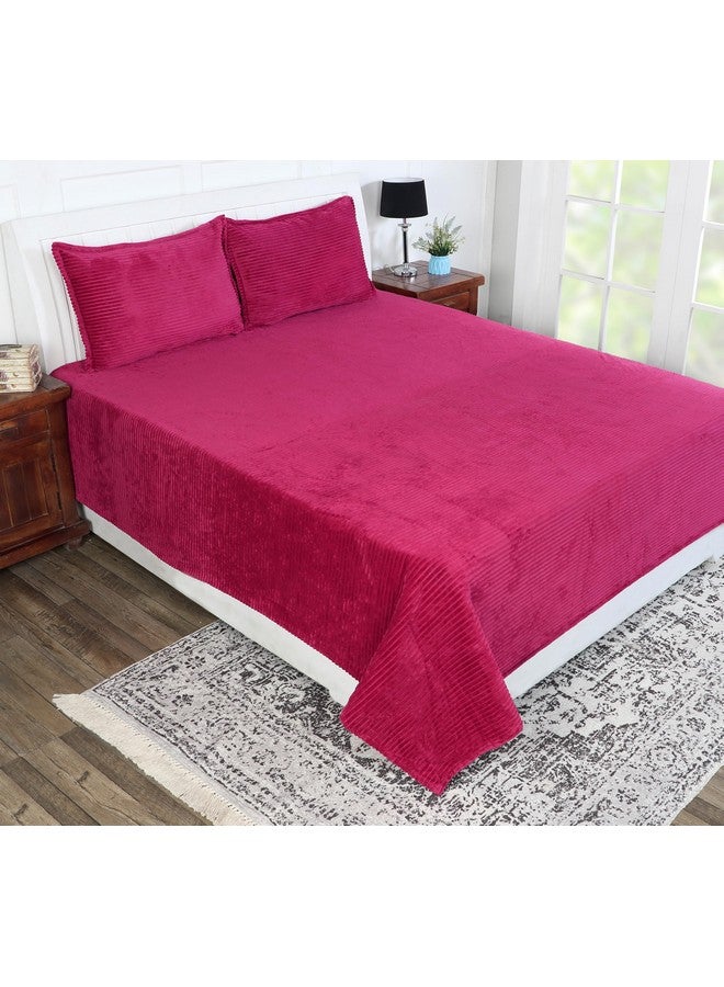 RD TREND 190 GSM Flannel Warm Bedsheets for Winter Double Flat Size (90 x 100 Inches) with 2 Pillow Cover Size (18x28 Inches) Color-Magenta,Striped - Image 1