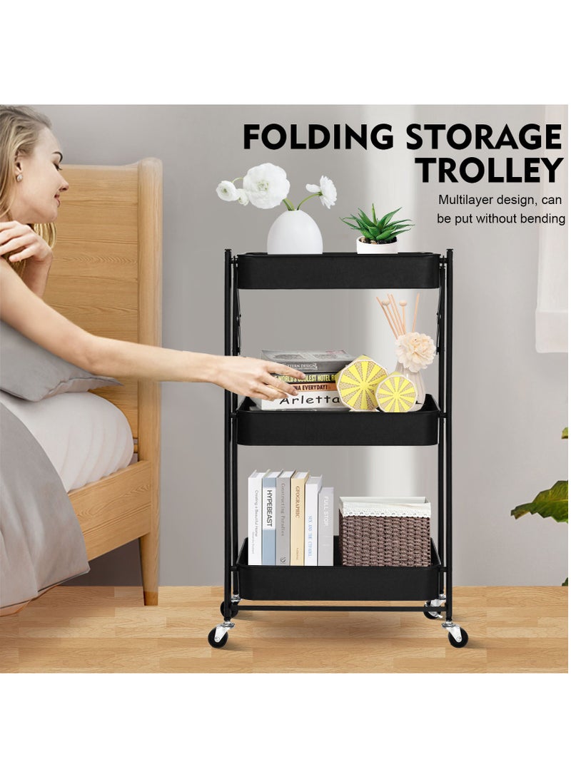 SKY-TOUCH 3 Tier Foldable Metal Rolling Utility Cart Organizer Multipurpose Organizer Trolley with Casters for Kitchen Bedroom, Bathroom Office Laundry Room and Garage Black  - Image 5