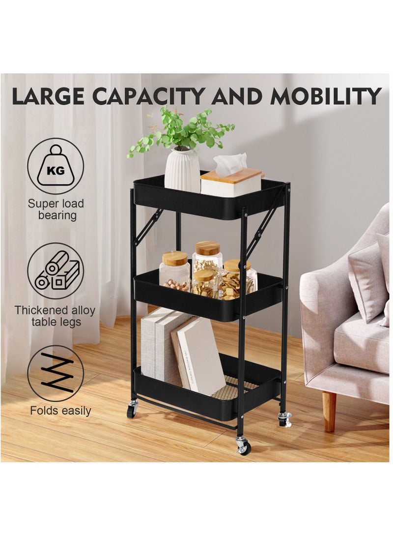SKY-TOUCH 3 Tier Foldable Metal Rolling Utility Cart Organizer Multipurpose Organizer Trolley with Casters for Kitchen Bedroom, Bathroom Office Laundry Room and Garage Black  - Image 3