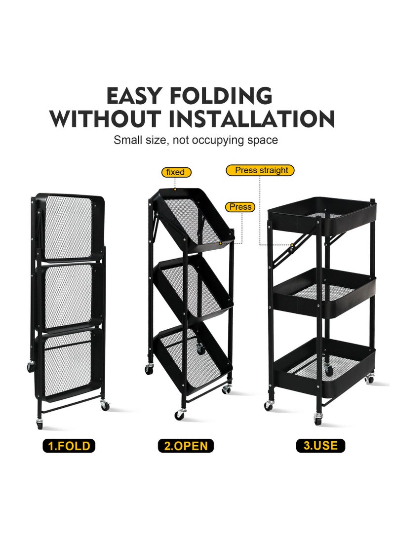 SKY-TOUCH 3 Tier Foldable Metal Rolling Utility Cart Organizer Multipurpose Organizer Trolley with Casters for Kitchen Bedroom, Bathroom Office Laundry Room and Garage Black  - Image 2