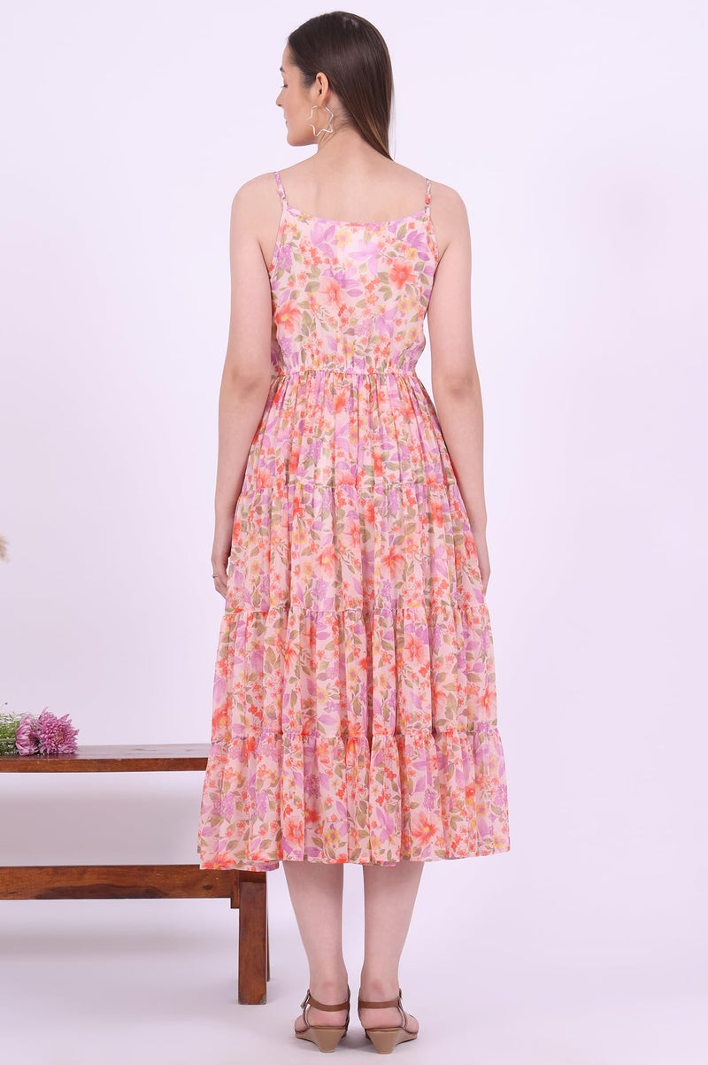 Aurelia Women's Orange Printed Flarred Georgette Dresses (Size: L)-A15677-509223 - Image 5