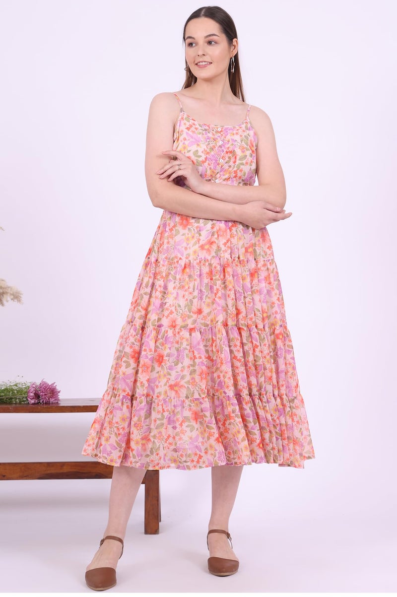 Aurelia Women's Orange Printed Flarred Georgette Dresses (Size: L)-A15677-509223 - Image 2