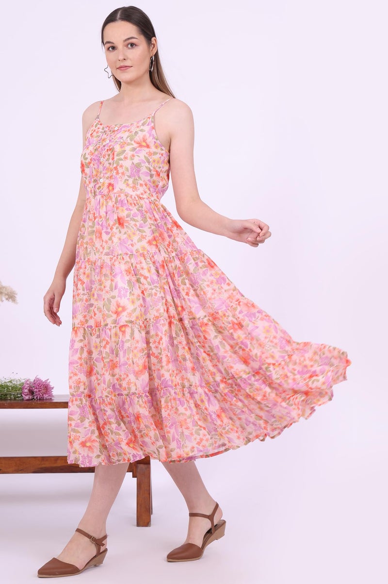 Aurelia Women's Orange Printed Flarred Georgette Dresses (Size: L)-A15677-509223 - Image 4