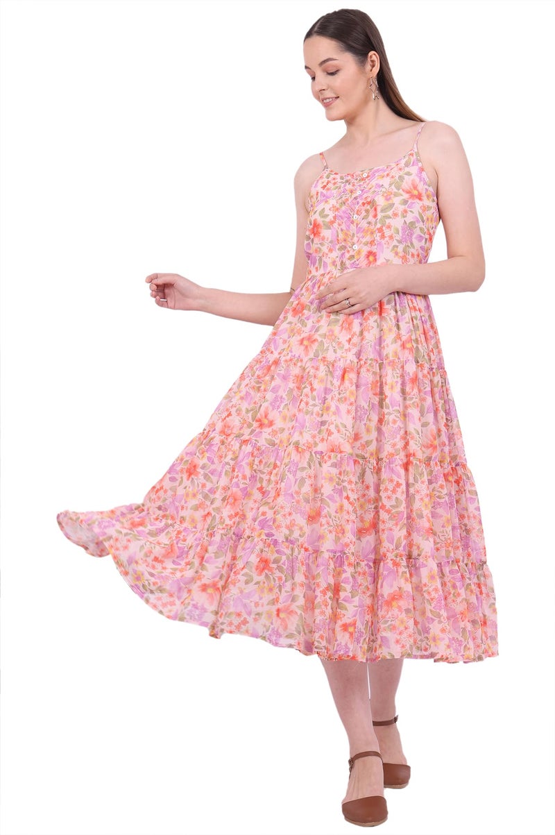 Aurelia Women's Orange Printed Flarred Georgette Dresses (Size: L)-A15677-509223 - Image 1