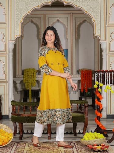 Yash Gallery Women's Cotton Blend Kalamkari Print A-Line Kurtis (Mustard Yellow) - Image 3