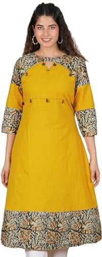 Yash Gallery Women's Cotton Blend Kalamkari Print A-Line Kurtis (Mustard Yellow) - Image 1
