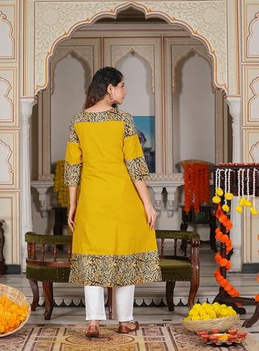 Yash Gallery Women's Cotton Blend Kalamkari Print A-Line Kurtis (Mustard Yellow) - Image 4