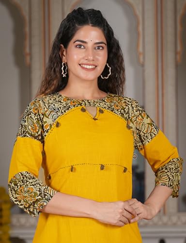 Yash Gallery Women's Cotton Blend Kalamkari Print A-Line Kurtis (Mustard Yellow) - Image 5