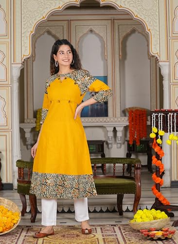 Yash Gallery Women's Cotton Blend Kalamkari Print A-Line Kurtis (Mustard Yellow) - Image 2