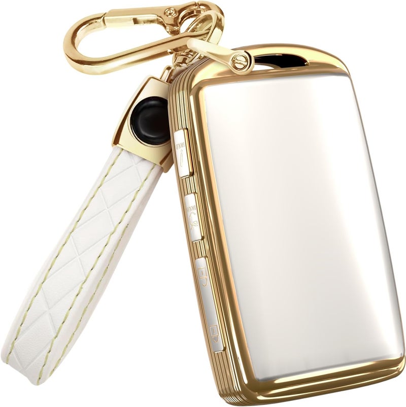 Lucrum Key Fob Cover and Leather Keychain for Mazda Models - White and Gold - Image 1