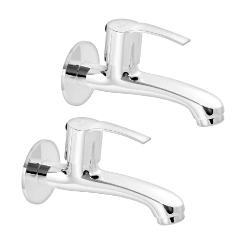 Pixaflo Sting Brass Long Body Bib Cock Tap with Wall Flange (Pack of 2) (Chrome) - Image 1