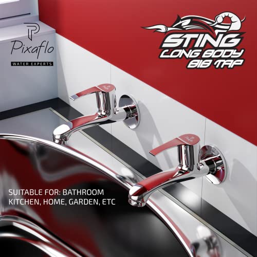 Pixaflo Sting Brass Long Body Bib Cock Tap with Wall Flange (Pack of 2) (Chrome) - Image 2