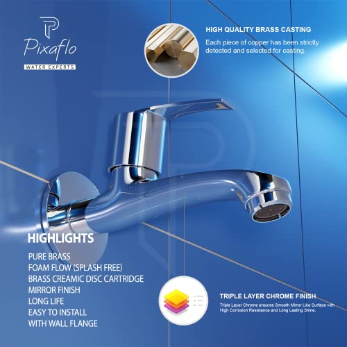 Pixaflo Sting Brass Long Body Bib Cock Tap with Wall Flange (Pack of 2) (Chrome) - Image 4
