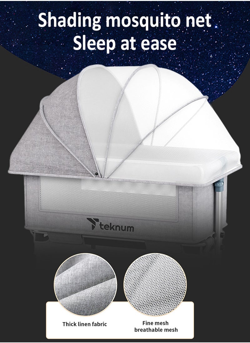 Baby Bedside Crib With Mosquito Net - Grey, 95x60x80 Cm