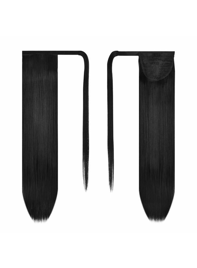 BARSDAR Natural Black Straight Wrap Ponytail Extension - 24 Inch Long Straight Wrap Around Ponytail Hair Extensions for Black Women, Synthetic Clip in Pony Tails Hairpieces Daily - Image 2