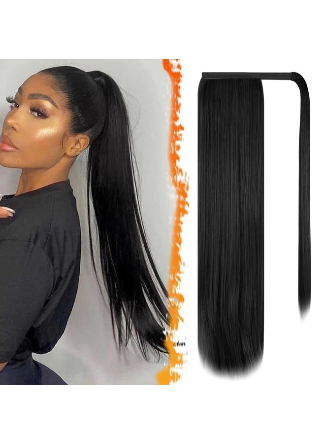 BARSDAR Natural Black Straight Wrap Ponytail Extension - 24 Inch Long Straight Wrap Around Ponytail Hair Extensions for Black Women, Synthetic Clip in Pony Tails Hairpieces Daily - Image 1