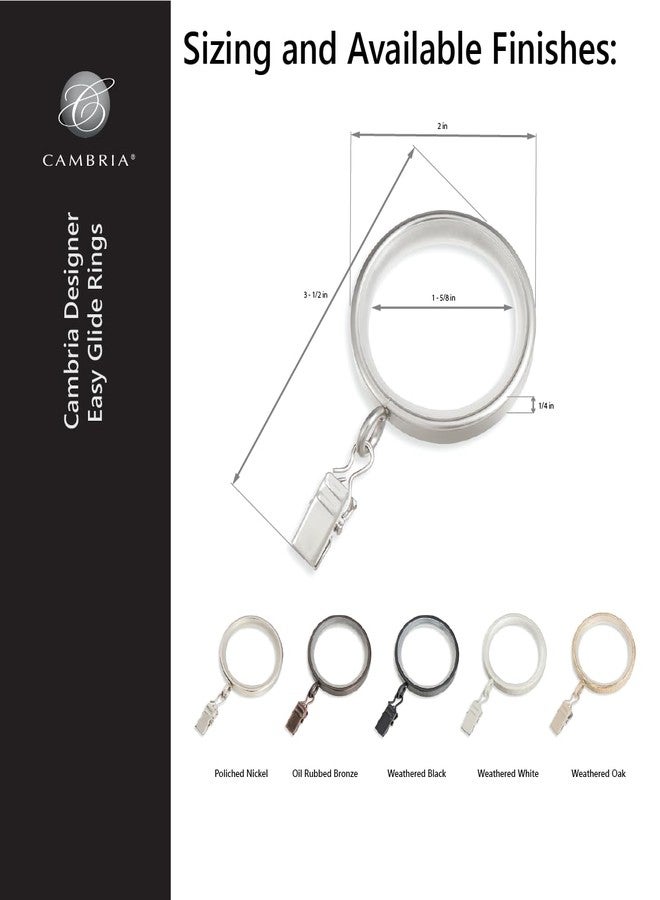 مود سلسلة مود كامبريا ديزاينر - حلقات ستائر فاخرة سهلة الانزلاق، 18 حلقة - معدنية مع حشوات نايلون ناعمة وهادئة مزودة بمشابك - قطر 2 بوصة (قطر داخلي 1-5/8 بوصة) - لون خشب البلوط المعتق - Image 2