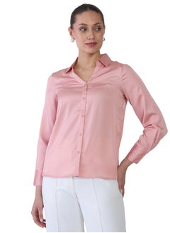 Women's Solid Pink V-Neck Collared Shirt | Button-Down Top with Full-Length Cuffed Sleeves, Back Box Pleat & Curved Hemline | Elegant, Versatile Pink Shirt