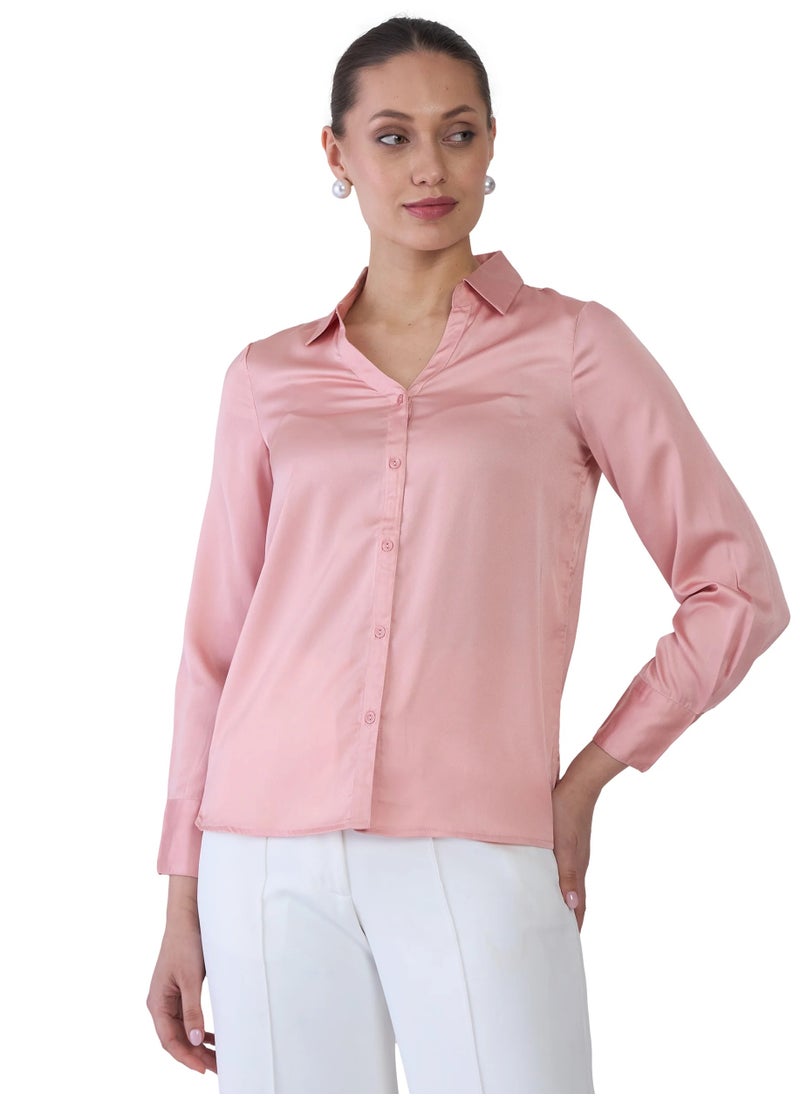 Salt Attire - Women's Solid Pink V-Neck Collared Shirt | Button-Down Top with Full-Length Cuffed Sleeves, Back Box Pleat & Curved Hemline | Elegant, Versatile Pink Shirt - Image 1