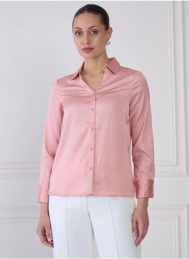 Salt Attire - Women's Solid Pink V-Neck Collared Shirt | Button-Down Top with Full-Length Cuffed Sleeves, Back Box Pleat & Curved Hemline | Elegant, Versatile Pink Shirt - Image 1