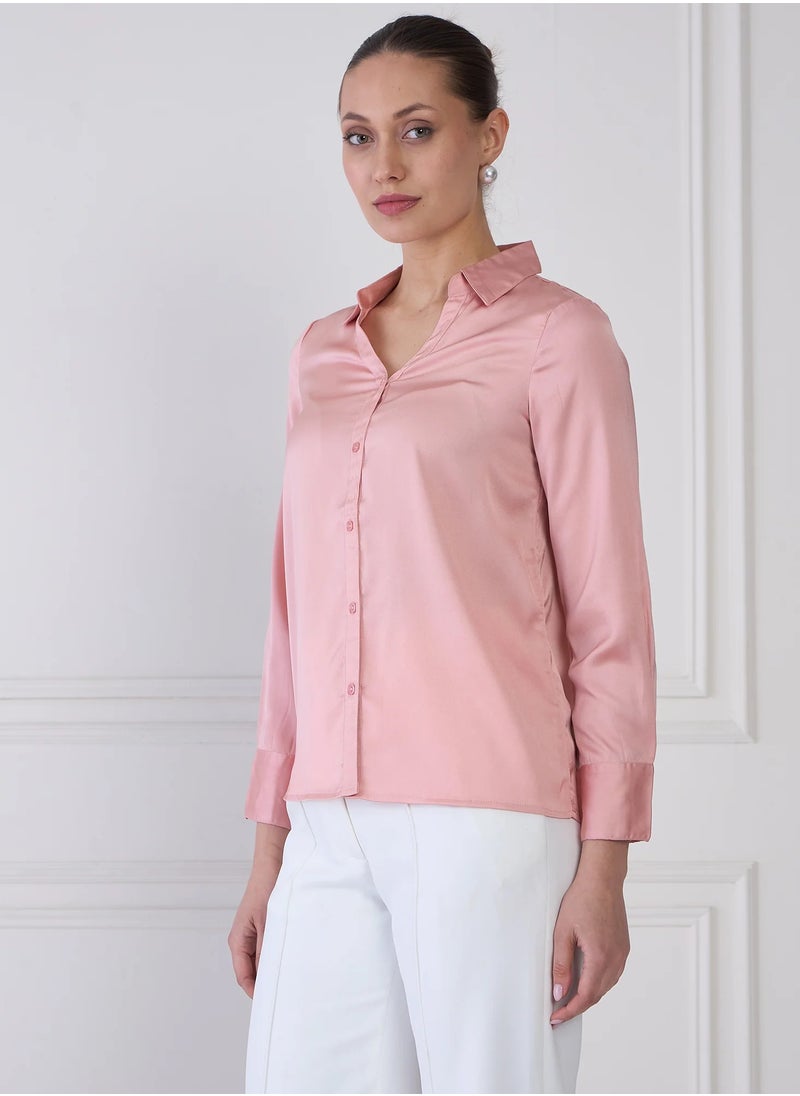 Salt Attire - Women's Solid Pink V-Neck Collared Shirt | Button-Down Top with Full-Length Cuffed Sleeves, Back Box Pleat & Curved Hemline | Elegant, Versatile Pink Shirt - Image 1